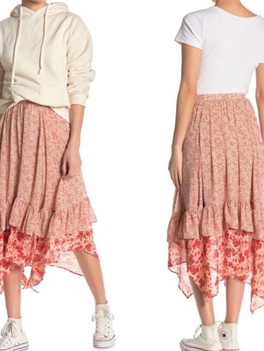FREE PEOPLE Floral Tiered Handkerchief Hem Midi Skirt - Peach Floral - Picture 3 of 6